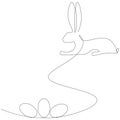 Easter animal bunny rabbit with eggs line drawing. Vector