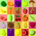 Vegan set with bright fruits, vegetables and berries in colorfull squares. Vector illustration. Royalty Free Stock Photo