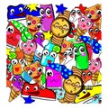 Kawaii pattern in sticker bombing style. Cool colourful stickers with faces.