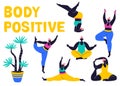 Body positive. Happy plus size girls and active healthy lifestyle. Vector illustration.