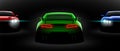 Realistic red green blue three sport car view with unlocked headlights in the dark