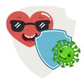 Vector cute heart character virus shield protect Royalty Free Stock Photo