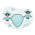 Healthcare robot characters with protection shield vector. Royalty Free Stock Photo