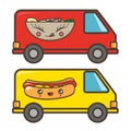 Cute cars with the image of soup and hot dog.