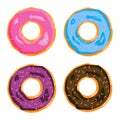 Cute multi-colored donuts with icing: pink, blue, chocolate, purple.