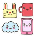 Set of funny pictures: bunny, mug, cloud, smartphone.