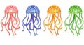 Set of multi-colored jellyfish - vector full-color pictures. Jellyfish - orange, lilac, green and pink - marine animals.