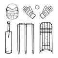 Cricket equipment. Hand drawing in cartoon style. Set of vector isolated icons on white background for coloring.
