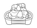 Cute puppies sleeping on top of each other on a dog bed cartoon. Vector illustration coloring book page for kids. Royalty Free Stock Photo