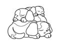 Cute dog puppies sleeping on top of each other cartoon vector illustration. Adult kids children`s coloring book page.