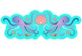 Symmetrical vector sea illustration with octopuses, shells, mollusks, starfish and a scallop shell with a large pearl. Vector hori Royalty Free Stock Photo
