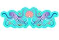 Symmetrical vector sea illustration with octopuses, shells, mollusks, starfish and a scallop shell with a large pearl. Vector hori Royalty Free Stock Photo