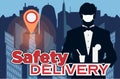 Safety delivery food design template for a quarantine time. Waiter with a face medical mask. Vector image