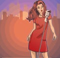 Poster with woman singer. Red dress on woman. Retro microphone. Jazz, soul and blues live music party poster. Royalty Free Stock Photo