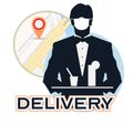 Safety delivery food design template for a quarantine time. Waiter with a face medical mask. Vector image.