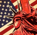 Statue of Liberty resists coronavirus by wearing a face mask. Vector image. Royalty Free Stock Photo