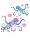 Two funny octopus surrounded by pink shells - vector full color picture. Octopuses - small blue and large purple