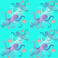 Octopuses and shells - marine seamless vector pattern. Seamless pattern with octopuses, shells and scallops with pearls