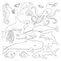 Set of linear marine vector animals for coloring. Inhabitants of the underwater world - sperm whale, killer whale, fish, stingra
