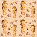 Seahorses and shellfish. Marine vector seamless pattern with seahorses and shells in sand - golden colors. Seamless background