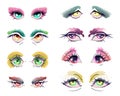 Cartoon anime eyes set. Manga kawaii eyes with different colors, expressions and grunge eyeshadows, sparkling and dazzling. Isolat