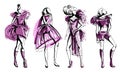 Stylish fashion models set. Abstract stylized female figures. Ink grunge sketch style. Isolated objects on white background.