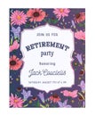 Retirement party invitation. Design template with bluebells, chamomile and daisy flowers. Rustic romantic floral background.