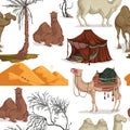 Seamless pattern with camels in different poses, sand dune of desert, nomad tent, dried and palm tree.