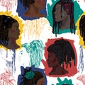 Seamless pattern with portraits of beautiful African American men and women with dreadlocks in profile.