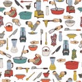 Seamless pattern with kitchen utensils and appliances. Isolated elements on white background. Royalty Free Stock Photo