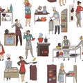 Seamless pattern with cooking people. Group of people preparing meals.