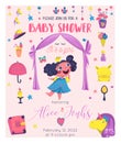 Baby Shower girl card design with princess elements set. Girlish fashion. Design template for birthday party, invitation, poster,