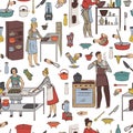 Seamless pattern with cooking people, kitchen utensils and appliances. Group of people preparing meals.