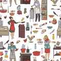 Seamless pattern with cooking people, kitchen utensils and appliances. Group of people preparing meals.