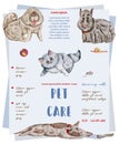 Pet care banner with watercolor cats and dogs. Vet service, cats and dogs care, animals health care, hospital advertising poster d