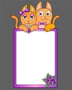 Vertical lilac vector frame with a pair of red cats and flowers. Frame with cats and copy space. Greeting card or banner with cute