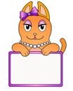 Cute ginger cartoon cat girl holding a sign or banner with copy space - vector full color picture. Royalty Free Stock Photo