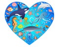 Marine illustration in the form of a heart with marine inhabitants inside. Vector image with fish, marine mammals and mollusks Royalty Free Stock Photo