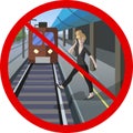 Look out for trains sign, do not cross the line. Woman is talking on phone and doesn`t see the train Royalty Free Stock Photo