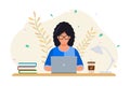 Girl working on laptop, happy woman, business woman, creative people, working at home, office workplace