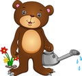 Cute bear cartoon watering flowers