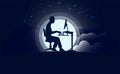 A man at a computer, an office worker or a programmer, against the backdrop of a full moon and starry sky. Phantasmagoria. Vector