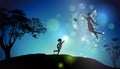 Fairy butterfly silhouette with magic wand, bokeh blue sky background Royalty Free Stock Photo