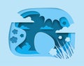 Paper cut style Easter vector illustration. Easter egg and bunny in blue colors. Huge egg surrounded by flowers, grass and clouds Royalty Free Stock Photo