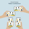 Hands holding phones showing faces. Collective mobile team group call video conferencing communication. Flat vector illustration Royalty Free Stock Photo