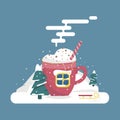 Winter is coming. An elegant cup with a drink and foam, in the form of a house in the woods, with a fun pipe. vector.