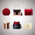 Set of stylish women`s handbags. Trendy leather accessories of different types isolated on gray background. Colorful vector illust