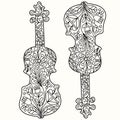 Violin with floral ornament drawn on a white background, isolated, vector for coloring