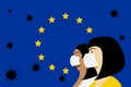 Novel coronavirus 2019-nCoV, woman in white medical face mask on the background of european flag. Concept of coronavirus quarant