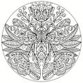 Coloring mandala with butterfly and folk flowers, vector for coloring, insect